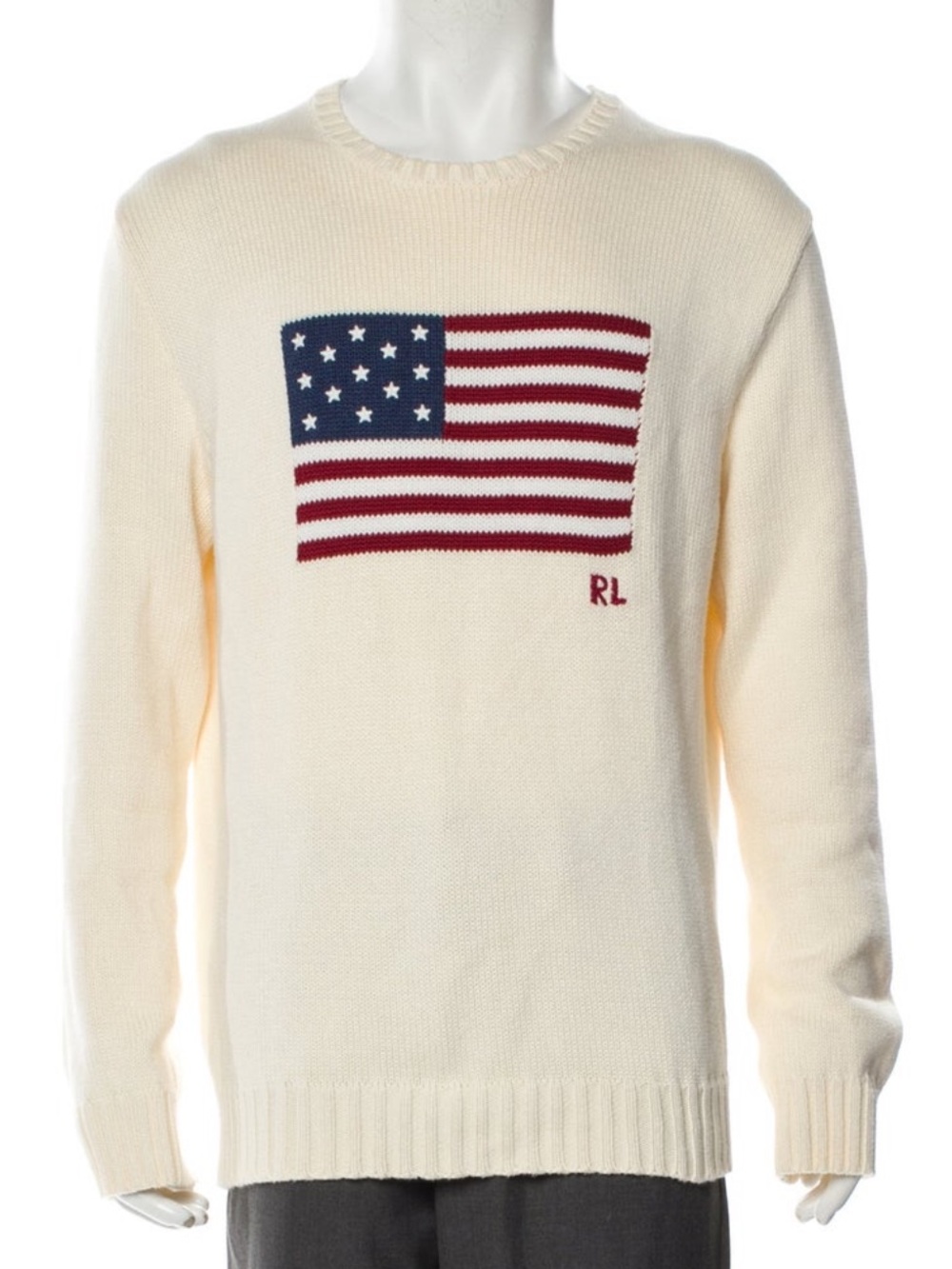 Ralph Lauren Cream Crewneck Sweater with Flag Motif